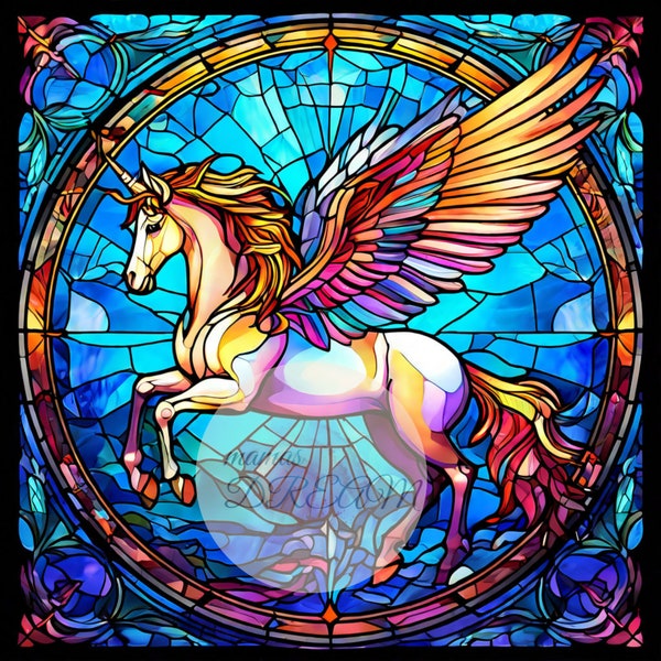 Unicorn Pegasus and Pegasus Bundle, Stained Glass Decore, Stained Glass Digital Paper, Stained Glass Decorator, Faux Stained Glass, 5 Png