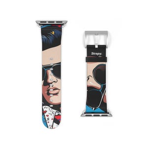 Pode incluir: Uma banda colorida para Apple Watch com uma ilustração de desenho animado de um homem de óculos de sol e terno. A banda é preta com um padrão azul, vermelho e branco. A banda é feita pela Strapy.