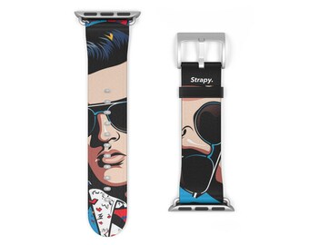 May include: A colorful Apple Watch band with a cartoon illustration of a man wearing sunglasses and a suit. The band is black with a blue, red, and white pattern. The band is made by Strapy.