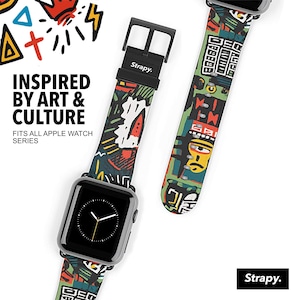 May include: A colorful Apple Watch band with a geometric and abstract design. The band is made by Strapy and features a black buckle. The text "Inspired by Art & Culture" is displayed above the band.