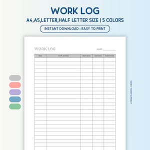 Work Log, Working Hours Log, Work Time Tracker, Activity Tracker | A4, A5, Letter, Half Letter Size | Printable PDF