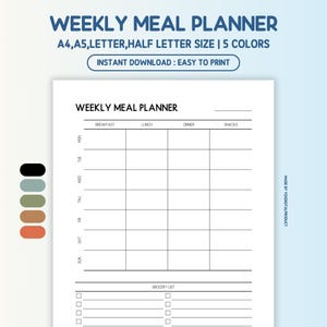 Weekly Meal Planner | Meal Plan Template | Food Tracker | Meal Prep Planner | Food Planner | A4,A5,Letter,Half Letter Size | Printable PDF