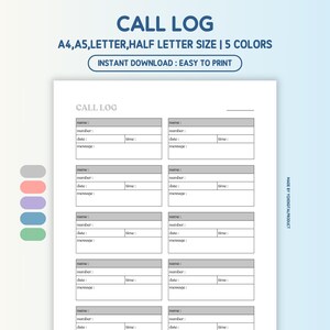 Call Log Printable, Phone Call Log, Missed Call Log, Call Message Log, Communication Log | A4, A5, Letter, Half Letter Size | PDF