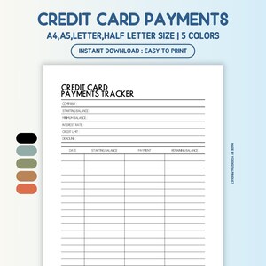 Credit Card Payments Tracker | Credit Card Tracker | Debt Payment | Finance Planner | A4,A5,Letter,Half Letter Size | Printable PDF