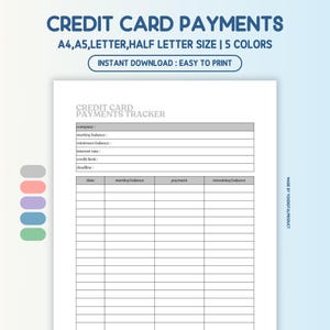 Credit Card Payments Tracker, Finance Planner, Credit Card Tracker, Debt Payment | A4, A5, Letter, Half Letter Size | Printable PDF