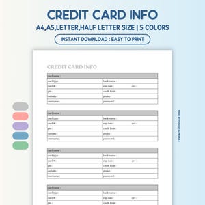 Credit Card Information | Credit Card Log | Credit Card Info Tracker | Finance Planner | A4,A5,Letter,Half Letter Size | Printable PDF