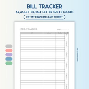 Monthly Bill Tracker, Bill Payment Tracker, Bill Payment Checklist, Monthly Bill Organizer | A4, A5, Letter, Half Letter | Printable PDF