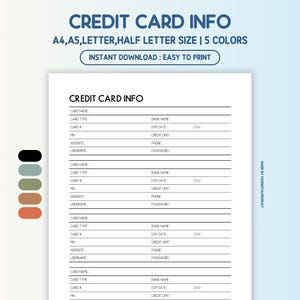 Credit Card Information | Credit Card Info Tracker | Credit Card Log | Finance Planner | A4,A5,Letter,Half Letter Size | Printable PDF