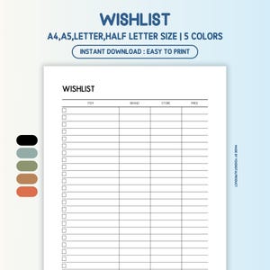 Wishlist Printable | Shopping Wishlist | Wishlist Planner | Birthday Wishlist | Gift Wishlist | A4,A5,Letter,Half Letter | Printable PDF