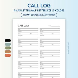 Call Log Printable | Call Message Log | Phone Call Log | Missed Call Log | Communication Log | A4,A5,Letter,Half Letter Size | PDF