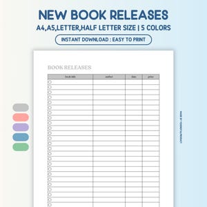New Book Releases, Upcoming Book List, Reading Log, Books to Buy | A4,A5,Letter,Half Letter Size | Printable PDF