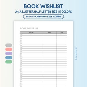 Book Wishlist, Reading Wish List, Reading Journal, Books To Read | A4, A5, Letter, Half Letter Size | Printable PDF