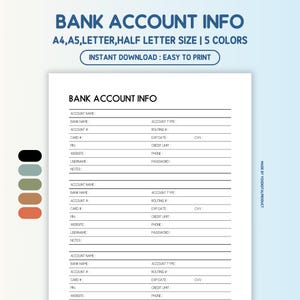 Bank Account Information | Bank Account Tracker | Bank Account Log | Bank Account Details | A4,A5,Letter,Half Letter Size | Printable PDF