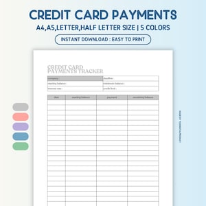Credit Card Payments Tracker, Credit Card Tracker, Finance Planner, Debt Payment | A4, A5, Letter, Half Letter Size | Printable PDF
