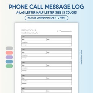 Phone Call Message Log, Communication Log, Conversation record, Missed Call Log | A4,A5,Letter,Half Letter Size | Printable PDF