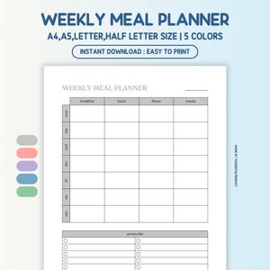 Weekly Meal Planner, Food Tracker, Food Planner, Meal Prep Planner, Meal Plan Template | A4, A5, Letter, Half Letter Size | Printable PDF