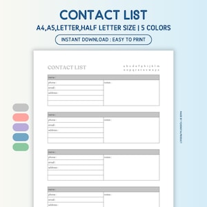 Contact List, Contact Information, Contacts Organizer, Address Book | A4, A5, Letter, Half Letter Size | Printable PDF