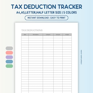 Tax Deduction Tracker, Sales Tax Form, Business Tax Log, Financial Planner | A4,A5,Letter,Half Letter Size | Printable PDF