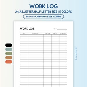 Work Log | Work Time Tracker | Activity Tracker | Working Hours Log | A4,A5,Letter,Half Letter Size | Printable PDF
