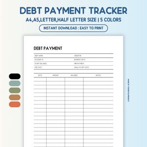 Debt Payment Tracker | Debt Payoff Log | Debt Repayment Plan | Budget Planner | A4,A5,Letter,Half Letter Size | Printable PDF