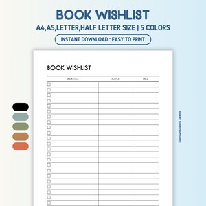 Book Wishlist | Reading Wish List | Books To Read | Reading Journal | A4,A5,Letter,Half Letter Size | Printable PDF