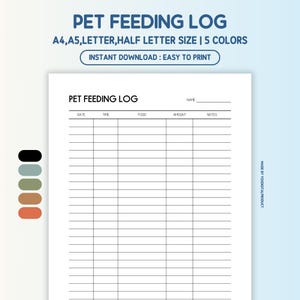 Pet Feeding Log | Pet Feeding Schedule | Pet Feeding Reminder | Feeding Planner | A4,A5,Letter,Half Letter Size | Printable PDF