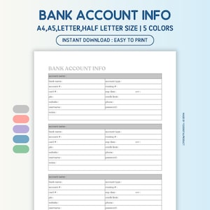 Bank Account Information, Bank Account Tracker, Bank Account Details, Bank Account Log | A4, A5, Letter, Half Letter Size | Printable PDF