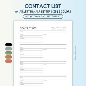 Contact List | Contact Information | Address Book | Contacts Organizer | A4,A5,Letter,Half Letter Size | Printable PDF