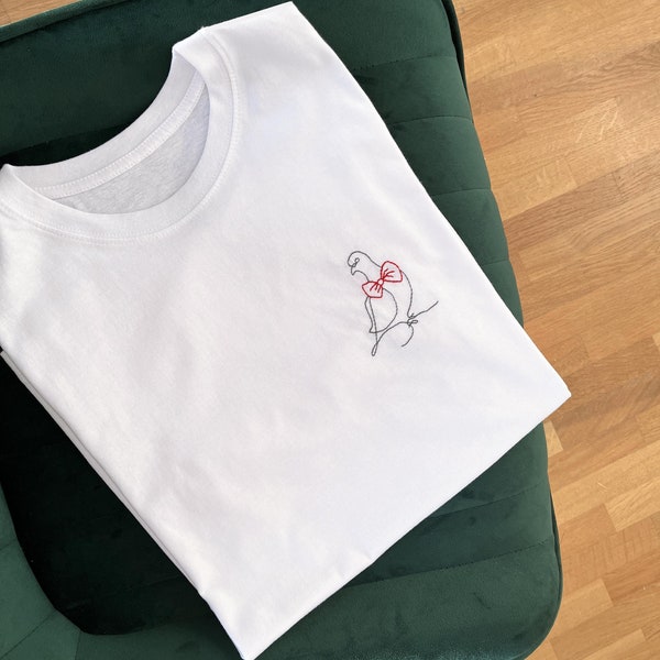 Pigeon bow tie T-shirt, embroidered T-shirt, handmade, Women, Men, Unisex T-shirt, cotton T-shirt, embroidery, Christmas gifts, clothing.