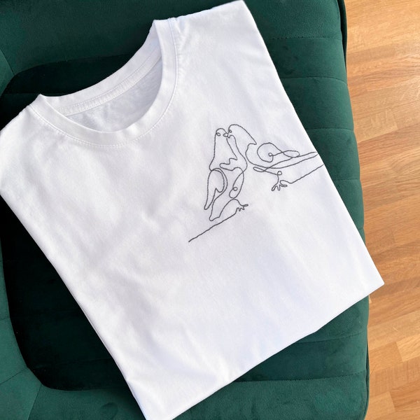 T-shirt pigeons amoureux,  T-Shirt brodé, fait main, Femme, Homme, T-shirt Unisexe, T-shirt coton, broderie, cadeaux Noel, vêtement.