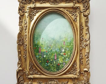 Original Miniature Wildflower Meadow Painting, Acrylic on Paper, Ornate Gold Frame, Oval Framed Wall Art, One of a Kind