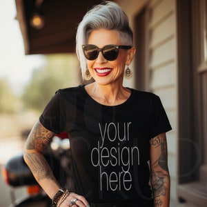 T-Shirt Mockup Black, Alternative Shirt Mockup Woman, Black T-Shirt Mockup, Female Model Mockup Tattooed, Rockabilly Mockup