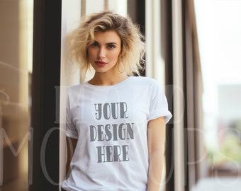 Shirt Mockup Bella and Canvas 3001, White T-Shirt Mockup Woman, White Tee Mockup Bella Canvas, Female Model Mockup Shirt