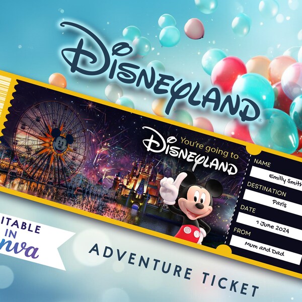 Disneyland Ticket, Disney World Ticket, Editable Ticket, Surprise Reveal Ticket Gift, Instant Download, Theme Park, Kids birthday surprise