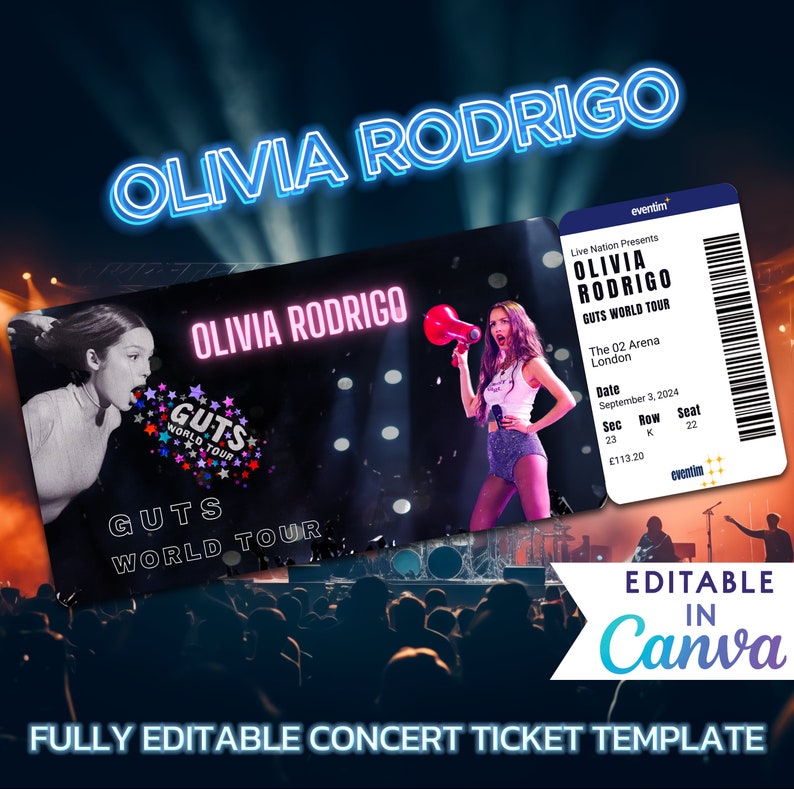 Custom Olivia Rodrigo Concert Ticket Editable Template for Gift Event Printable Surprise Tickets