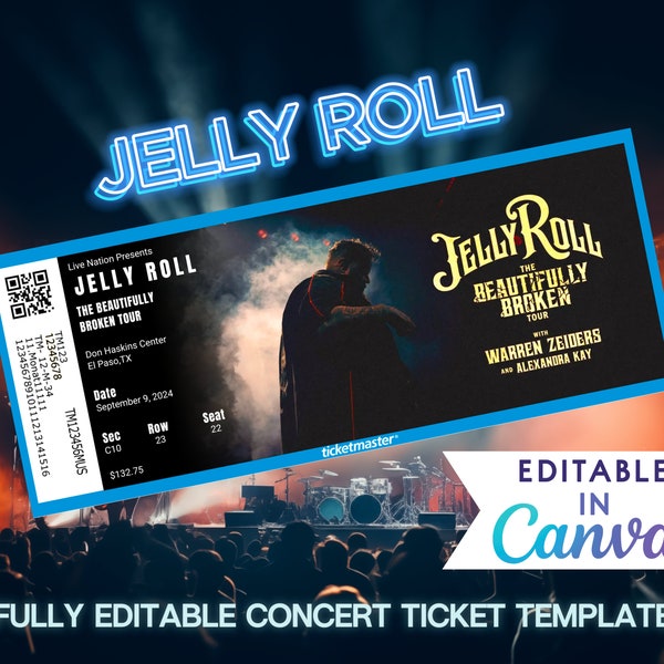 Jelly Roll Ticket Tour USA 2024, Editable Concert Ticket Template, Custom Concert Ticket, Gift Event Surprise Tickets Gift Idea Printable