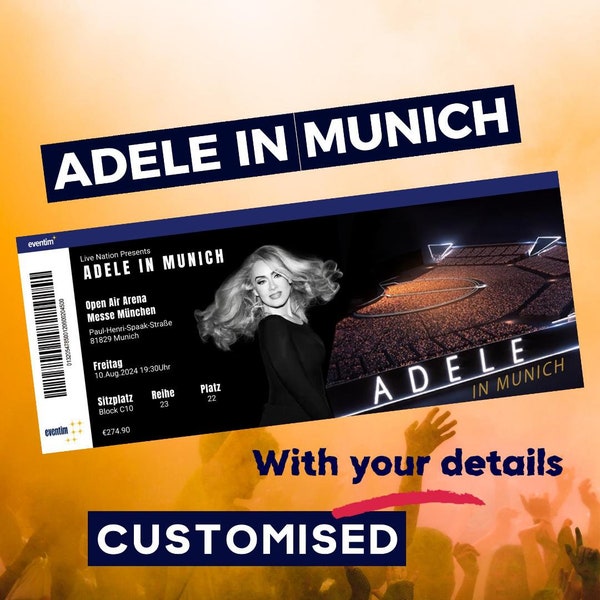 ADELE IN MUNICH Custom Event Ticket - ÜberraschungsKonzert Geschenkidee - Personalisiertes Ticket - Instant Download