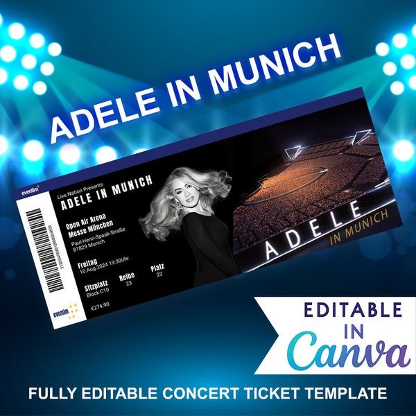 Adele in München, bewerkbare concertticketsjabloon, aangepast concertticket, cadeau-evenementticket verrassingstickets cadeau-idee afdrukbaar