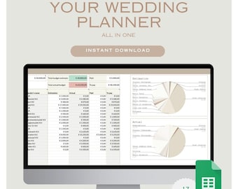 May include: A computer screen displaying a wedding planner spreadsheet with 17 tabs. The spreadsheet includes a budget breakdown with columns for vendor name, estimation, actual, paid, to pay, and to pay total. The spreadsheet also includes pie charts showing the estimated and actual costs for different wedding categories.