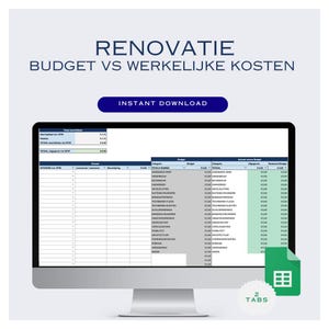 Op de afbeelding: Een computermonitor toont een spreadsheet met de titel "RENOVATIE BUDGET VS WERKELIJKE KOSTEN" met de tekst "INSTANT DOWNLOAD". Een groen documentpictogram met de tekst "2 TABS" staat rechtsonder. De spreadsheet heeft blauwe en witte kolommen.