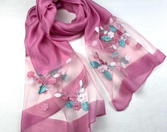 Candy pink embroidered scarf, floral wedding wrap shawl, women’s ladies scarves