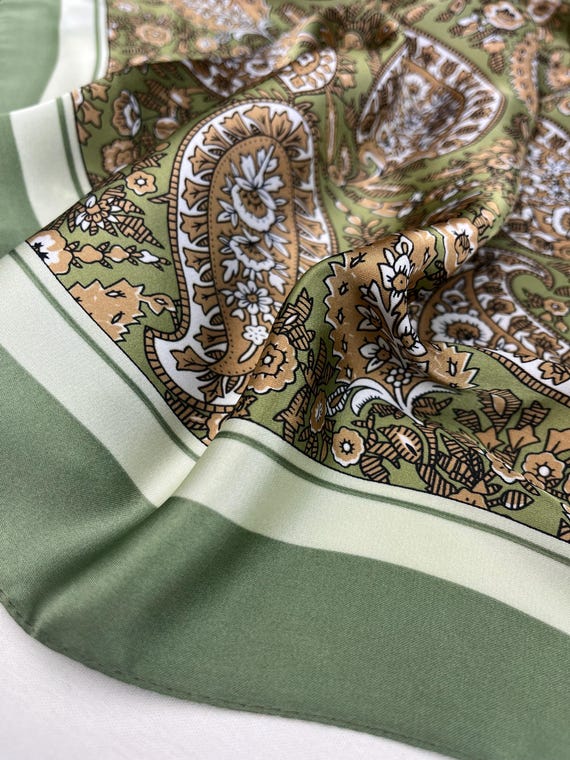 Olive Green Silk Square Scarf, Satin Bandana, Hair Tie, Headscarf