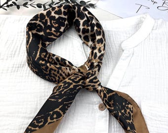 Beige brown leopard print silk square scarf, satin bandana, hair tie, headscarf, head wrap, ladies scarves