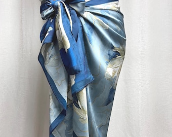 Blue Silk Wrap Skirt Sarong – floral water lillies wrap dress, Lightweight Beach Cover-Up, Summer Scarf, Festival Shawl