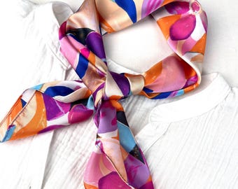 Pink floral silk square scarf, silk bandana, hair wrap, headscarf