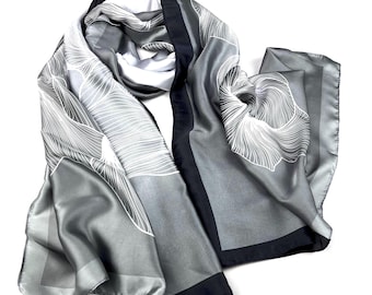 Silver grey Silk Scarf, ladies Floral wrap, lightweight shawl, women’s scarves, scarf in a box
