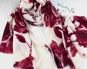 Red and cream floral scarf, peony print with gold accents, cotton wrap shawl, womens scarves, wrap, shawl, gift for her