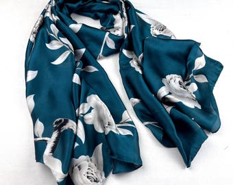 Teal floral Silk Scarf, wrap, lightweight shawl, women’s scarves, birthday gift for her, 60th 70th 80th gift, all seasons