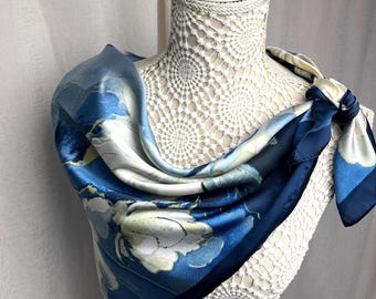 Blue silk square scarf, 90x90cm, womens scarves, gift for her