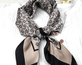 100% mulberry silk square scarf, black beige pure silk bandana, neckerchief, hair tie, headscarf, head wrap, ladies scarves,